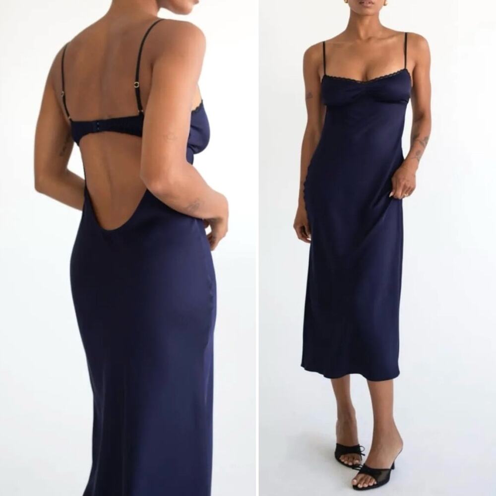 NEW Rumored Open Back Monroe Midi Slip Dress in Navy Blue, Women's Small $118